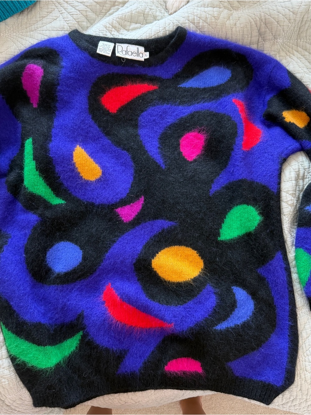 Rafaella 80's Abstract Multicolor Fuzzy Vintage Knit Sweater - Picture 2 of 5